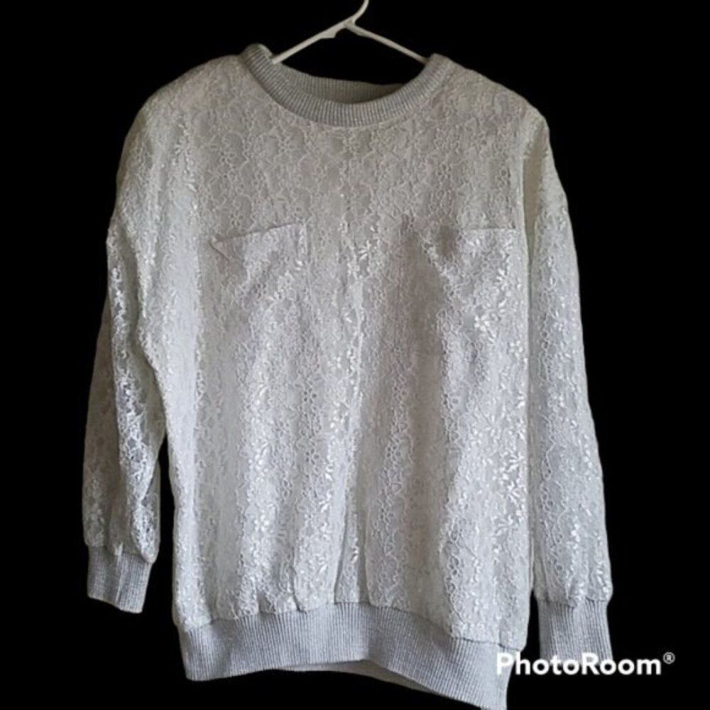 Silver and White Lace Lined Blouse Size Medium